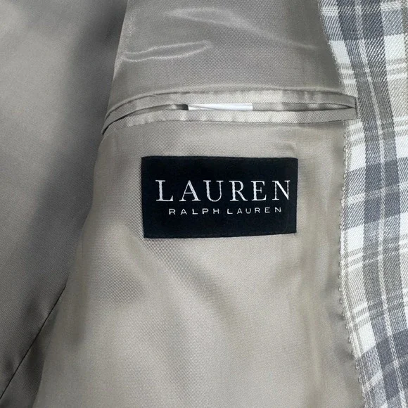 Lauren Ralph Lauren Lassiter 100% Linen Plaid Sport Coat Blazer 40S Cream Grey - Picture 12 of 16